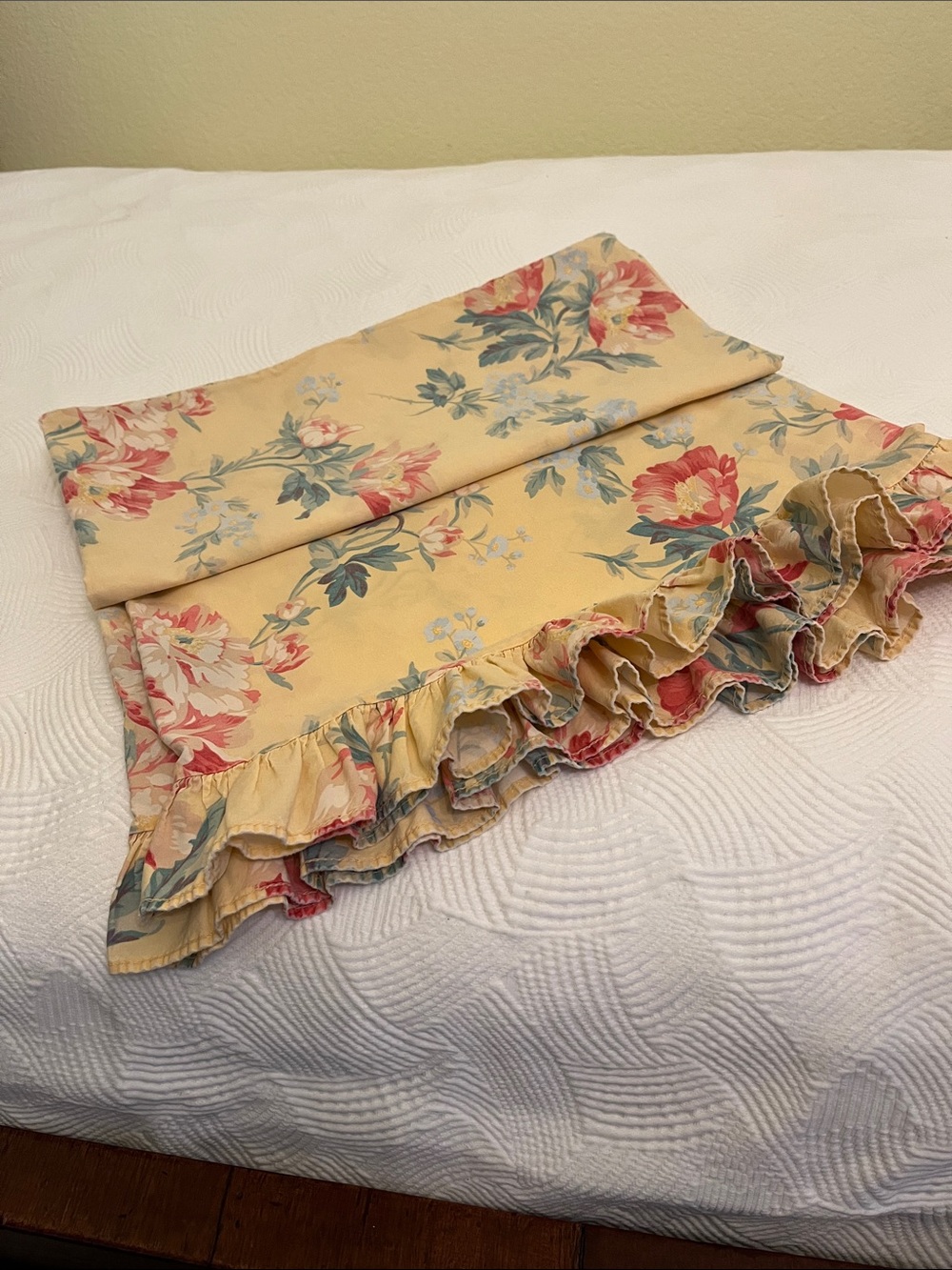 Ralph Lauren Parsonage Yellow Floral Ruffle Pillow Sham with Pink Blooms
